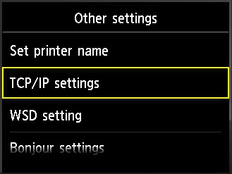 Image: Other settings screen with T C P   I P settings highlighted