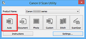 figure: IJ Scan Utility screen with Auto selected.