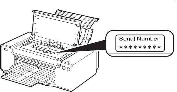 Image of the printer with the top cover opened and the location of the serial number indicated