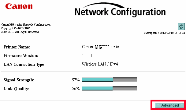 Network config screen shows printer name, firmware version, LAN connection type, and signal strength and quality.