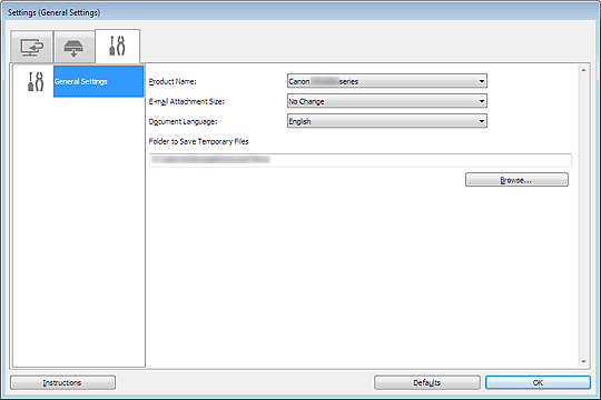 ij network scanner selector ex menu and setting screen