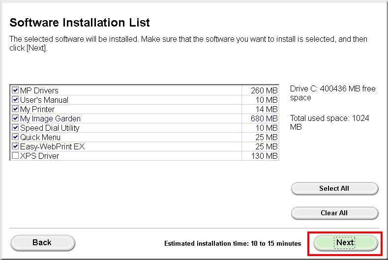 Software Installation list window