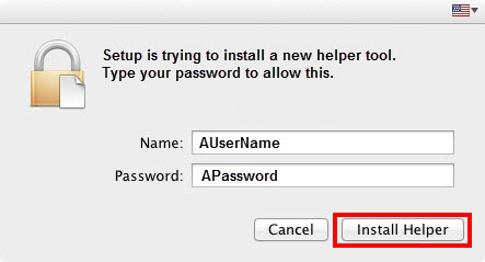User name and password entered into fields, Install Helper selected at bottom right of screen