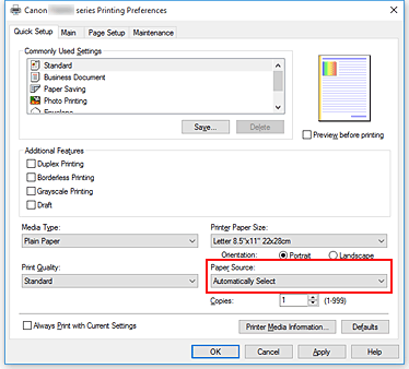 figure:Paper Source on the Quick Setup tab