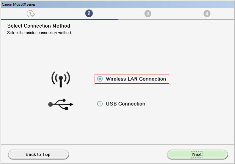 Select Wireless LAN Connection (outlined in red), then select Next (outlined in red)