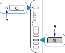 Animated image shows on lamp (A) flashing, and position of stop button (B)